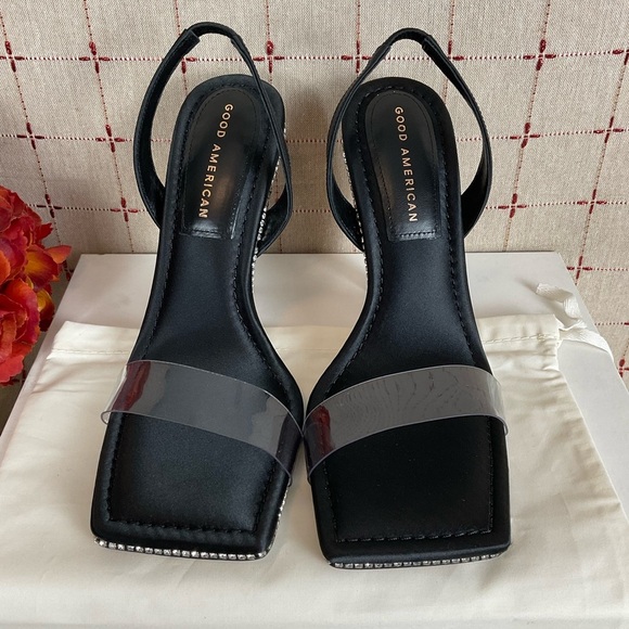 Good American Satin Strappy Heels Square Toe Sz 8.5 Black Satin & Rhinestones - Picture 3 of 7